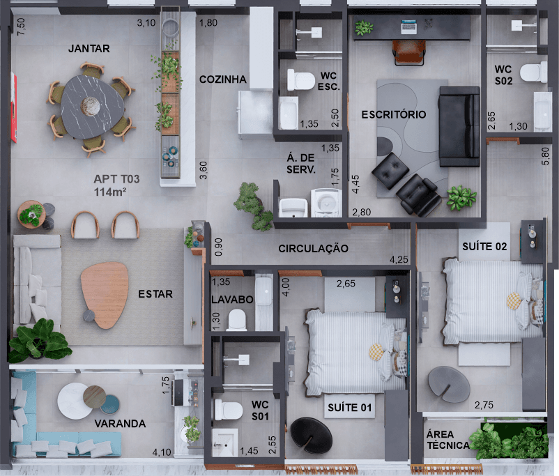 Planta 01 - 2 dorm 114,31m²