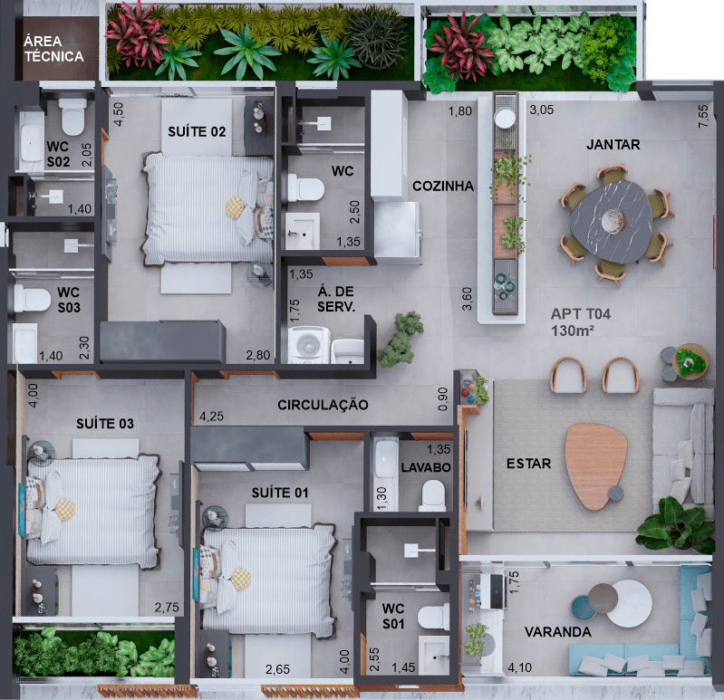 Planta 02 - 2 dorm 130,67m²