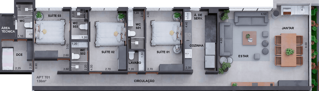 Planta 03 - 3 dorm 136,78m²