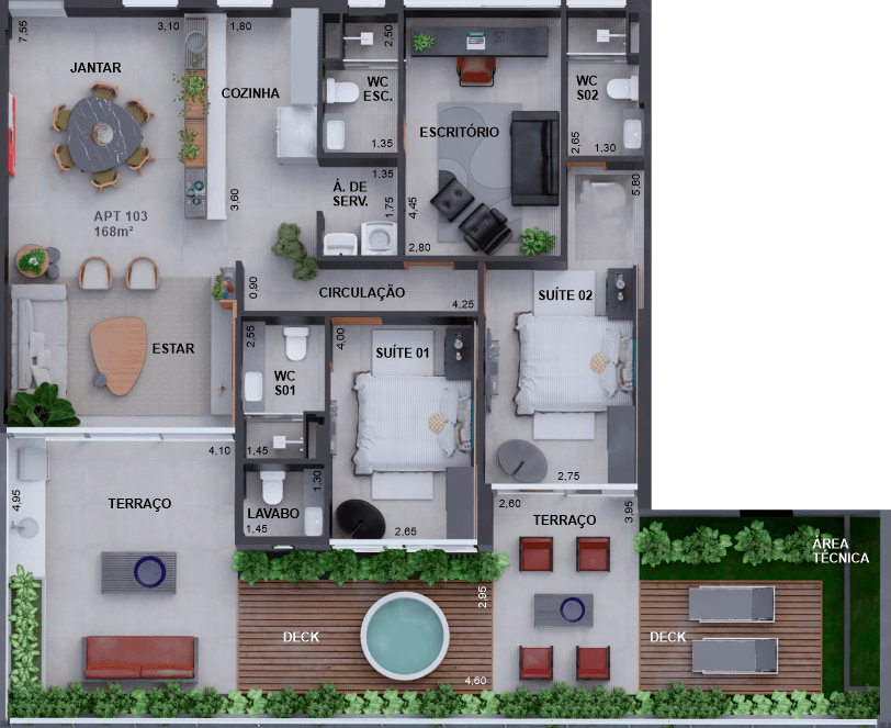 Planta 08 - 2 dorm 168,03m² - garden